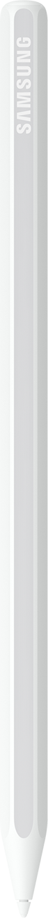 Un stylo blanc Samsung sur fond blanc. Le stylo est cylindrique avec un dessus rectangulaire et une ombre.