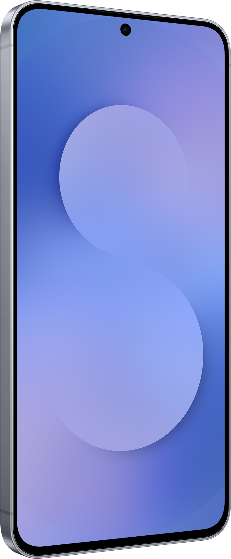 Ein Smartphone mit silbernem Rahmen und blauem, lila und weißem Farbverlauf auf dem Bildschirm. Oben ein schwarzer Kamerapunkt.