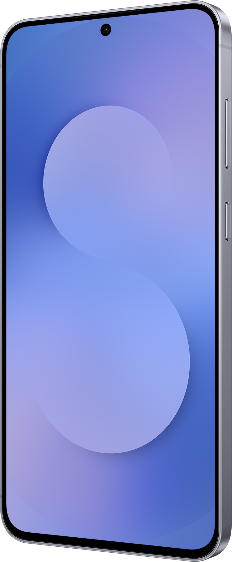 Ein Smartphone mit blauem und violettem Farbverlauf auf dem Display. Es hat einen silbernen Rahmen und einen schwarzen Kamerapunkt.