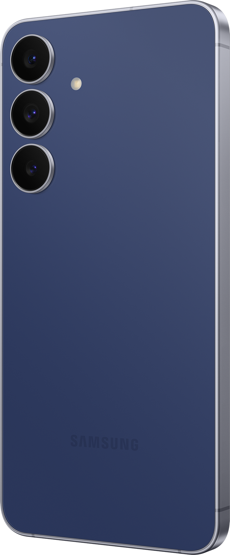Rückseite eines blauen Samsung-Telefons. Es hat drei Kameralinsen, einen Blitz und das Samsung-Logo. Das Telefon hat einen silbernen Rahmen.