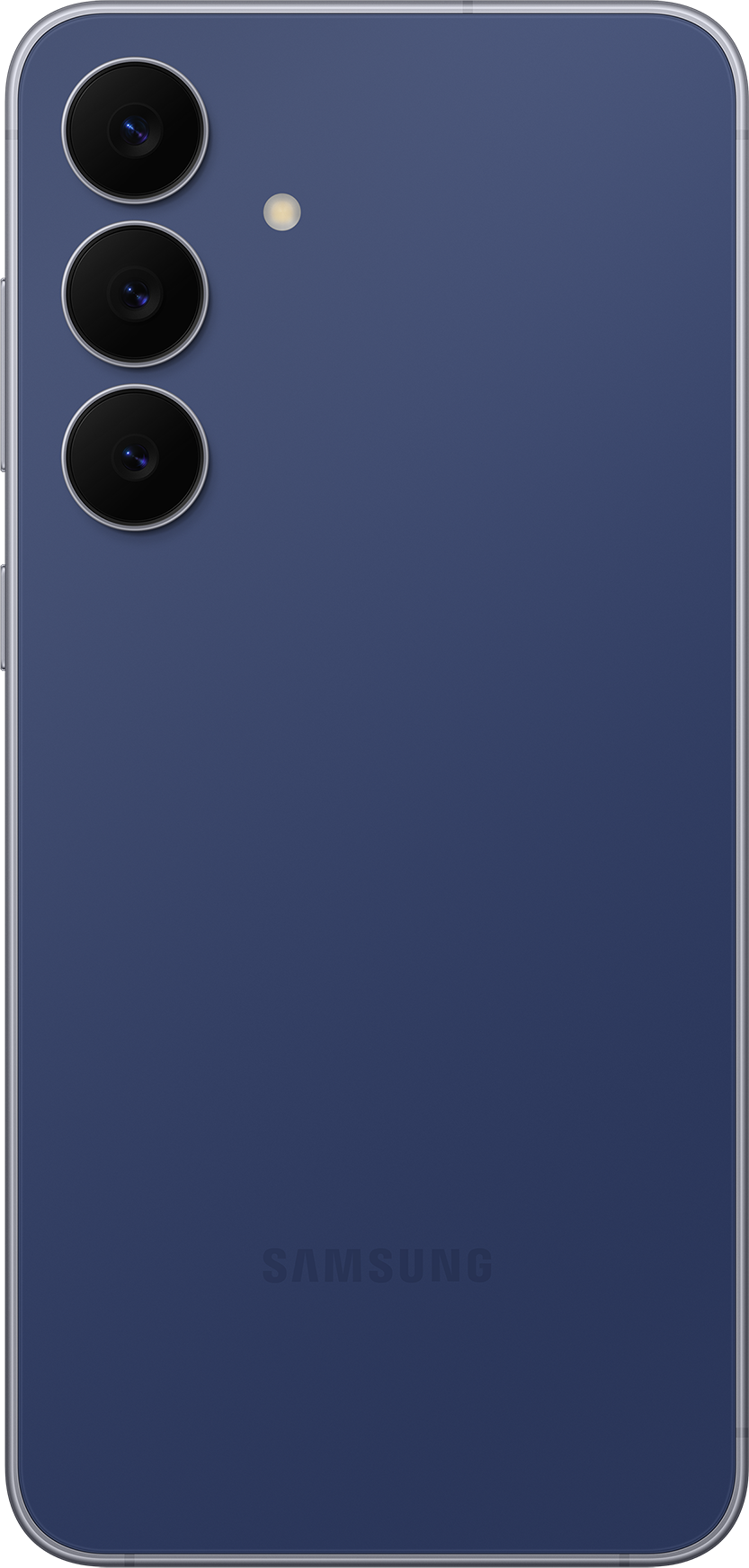 Rückseite eines marineblauen Samsung-Telefons. Drei Kameralinsen sind vertikal ausgerichtet. Ein Blitz befindet sich über den Linsen. Das Samsung-Logo befindet sich unten.