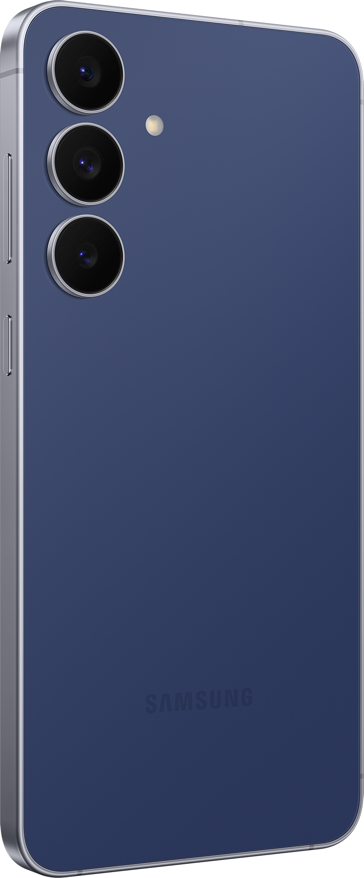 Rückseite eines marineblauen Smartphones mit drei Kameralinsen und einem Blitz. Das Samsung-Logo ist sichtbar. Die Seite ist silber.