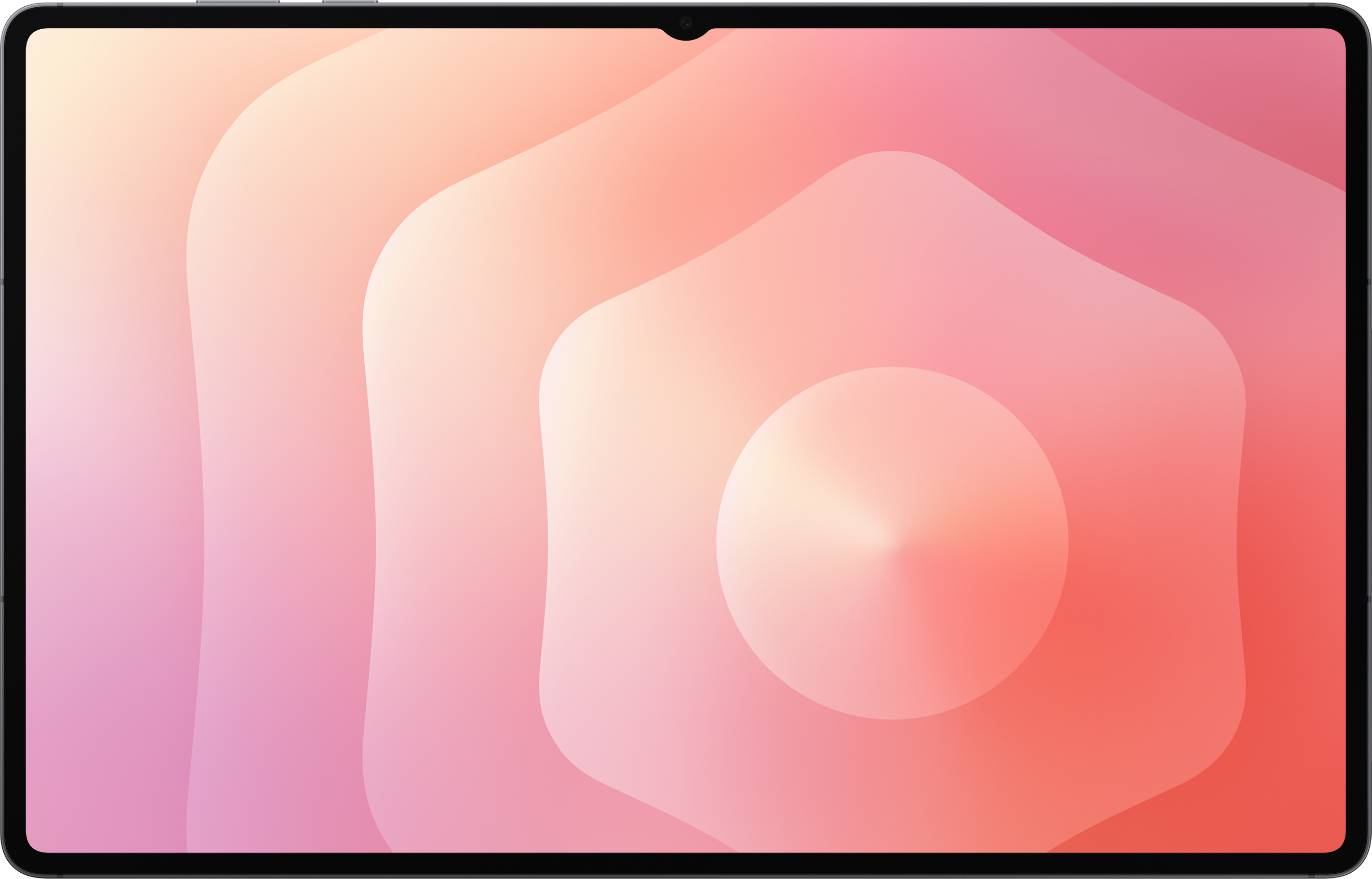 Une tablette affiche un design abstrait en dégradé avec des tons roses et orangés dans un motif géométrique.