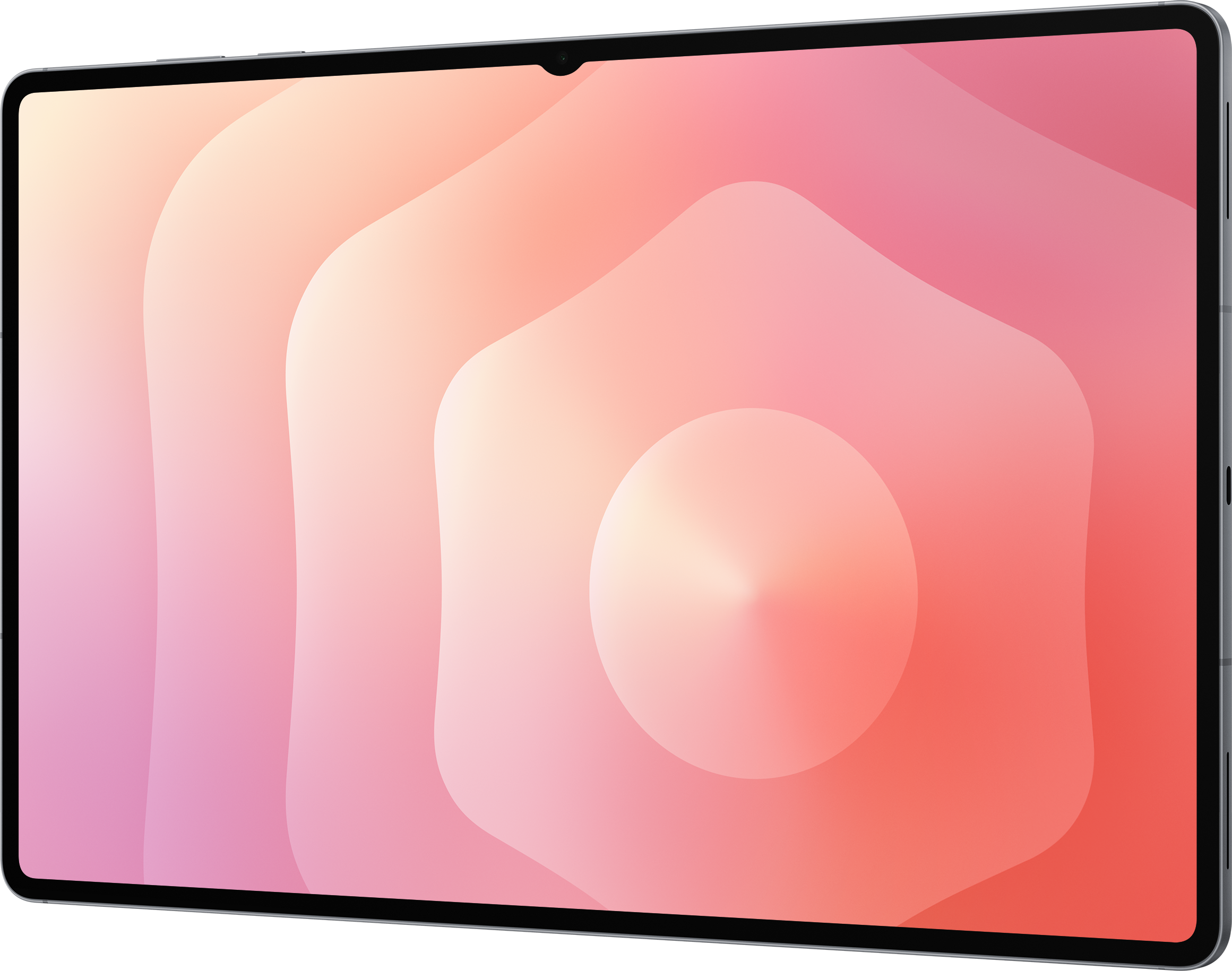 Tablette avec un fond dégradé d'hexagones roses et oranges. Lunette noire autour de l'écran. Cadre gris.