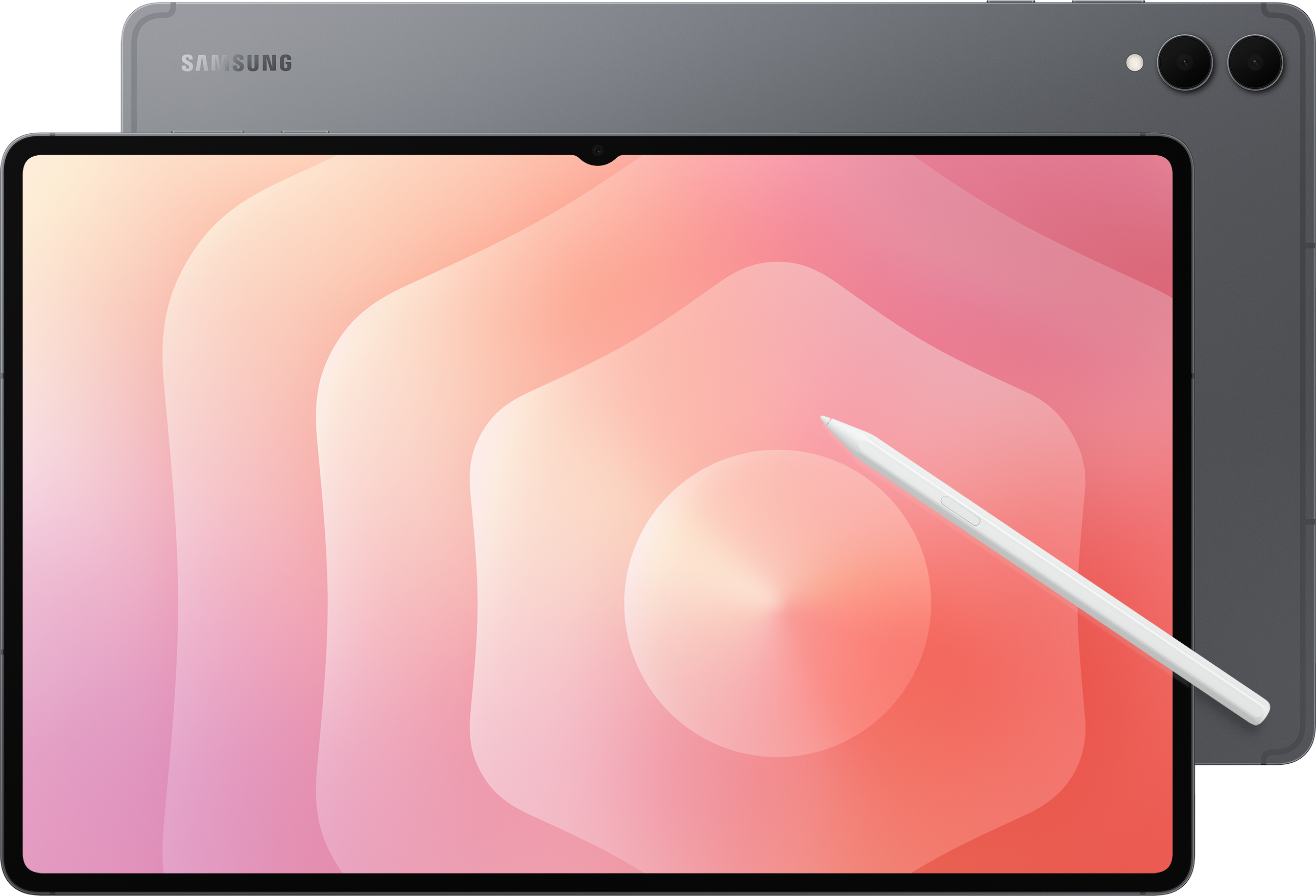 Une tablette avec un écran dégradé rose et blanc et un stylet blanc. L'arrière est gris.