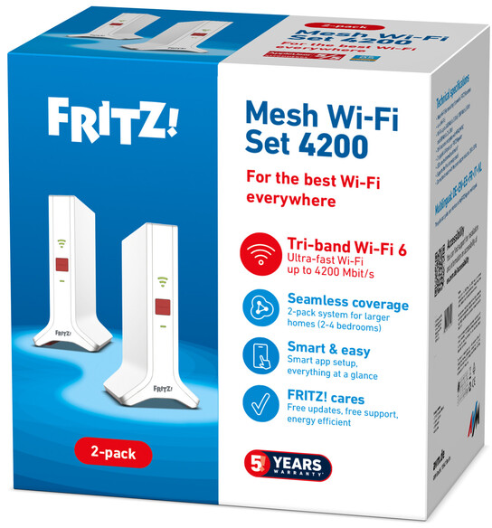 Scatola con due extender Wi-Fi FRITZ! bianchi. Testo: Mesh Wi-Fi Set 4200, Tri-banda Wi-Fi 6, Copertura senza soluzione di continuità, Intelligente e facile, FRITZ! si prende cura.