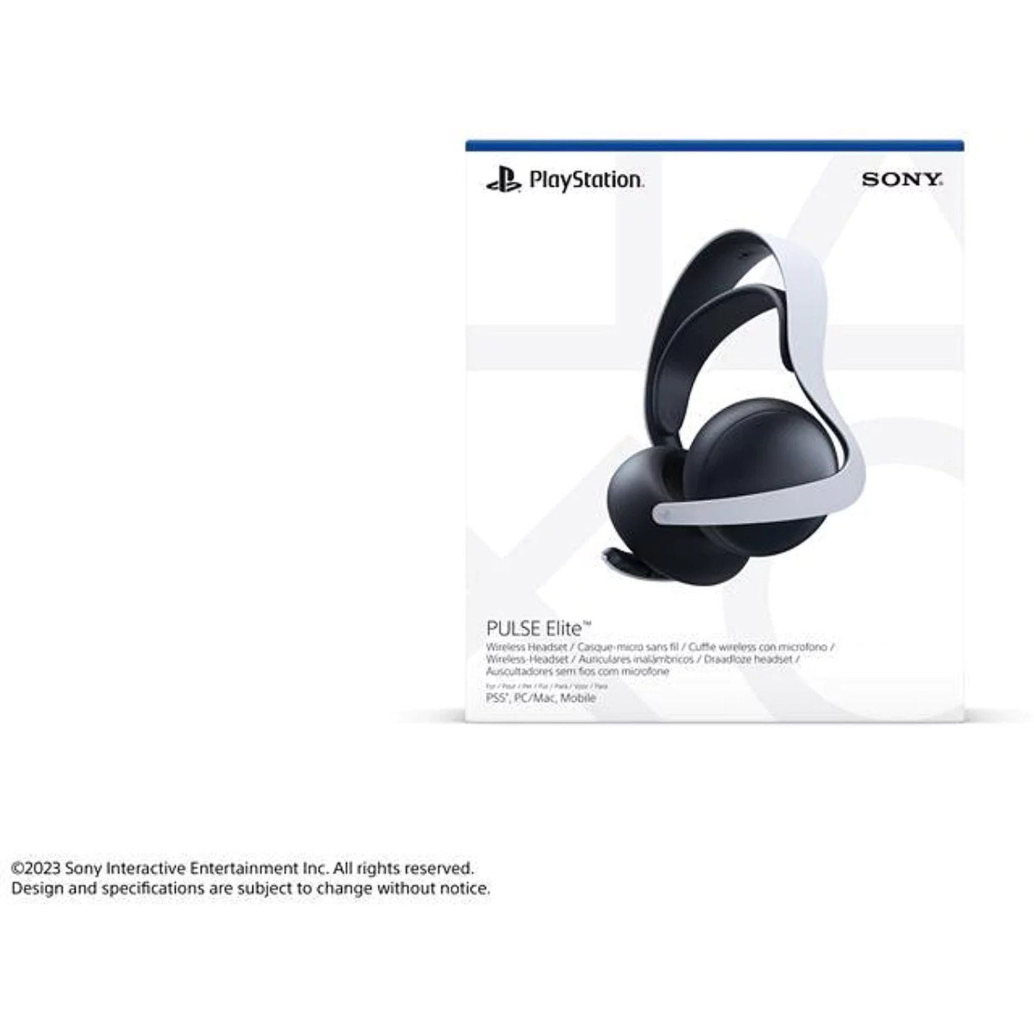 Witte doos met zwart-witte headset, PlayStation- en Sony-logo. Tekst luidt PULSE Elite.