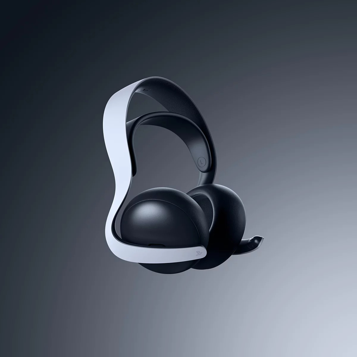Een VR-headset, zwart en wit, zweeft in de lucht tegen een grijze achtergrond. Details zijn de 'L' en PlayStation-symbolen.