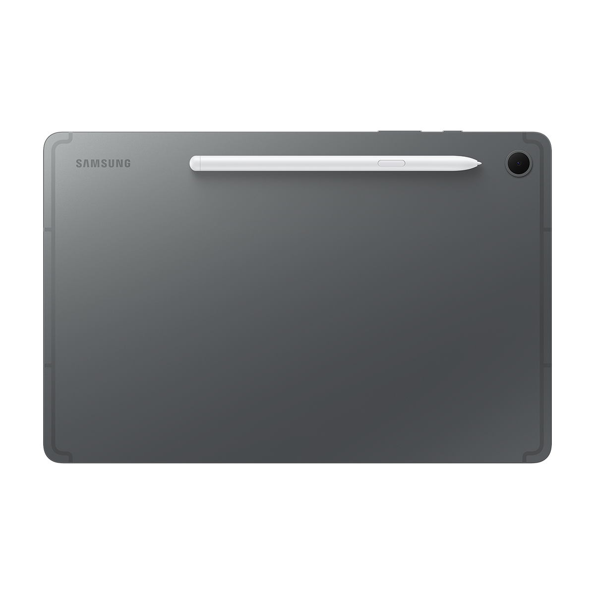Üzerinde beyaz bir kalem bulunan gri bir Samsung tableti. Tablette bir kamera ve Samsung logosu var. Yüzey pürüzsüz.
