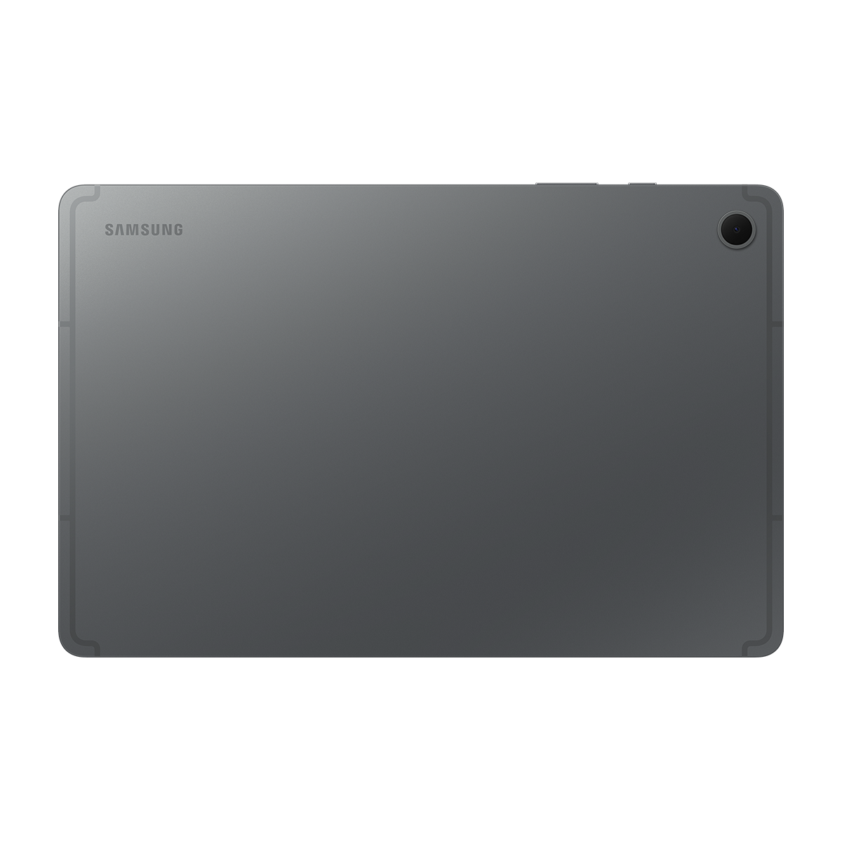 Gri bir Samsung tabletin arkası. Bir kamera merceği görülebilir. Samsung logosu sol üst köşede basılıdır.