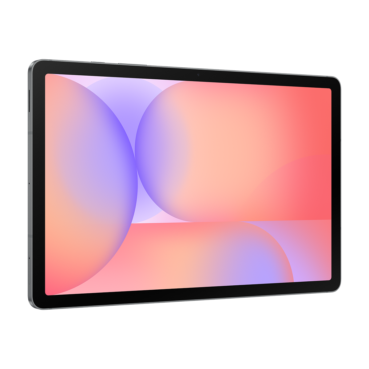 Siyah çerçeveli bir tablet. Ekran, turuncu, pembe ve mor küresel şekillerin bir gradyanını gösteriyor.