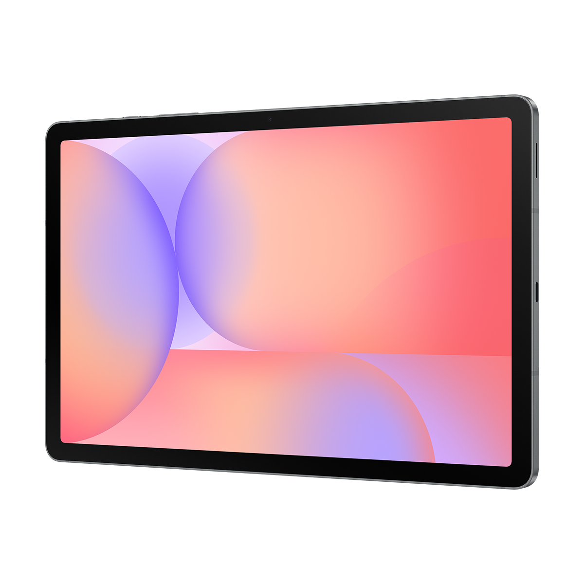 Siyah çerçeveli, açılı bir tablet. Ekran, pembe, turuncu ve mor dairesel şekillerin gradyanını gösteriyor.