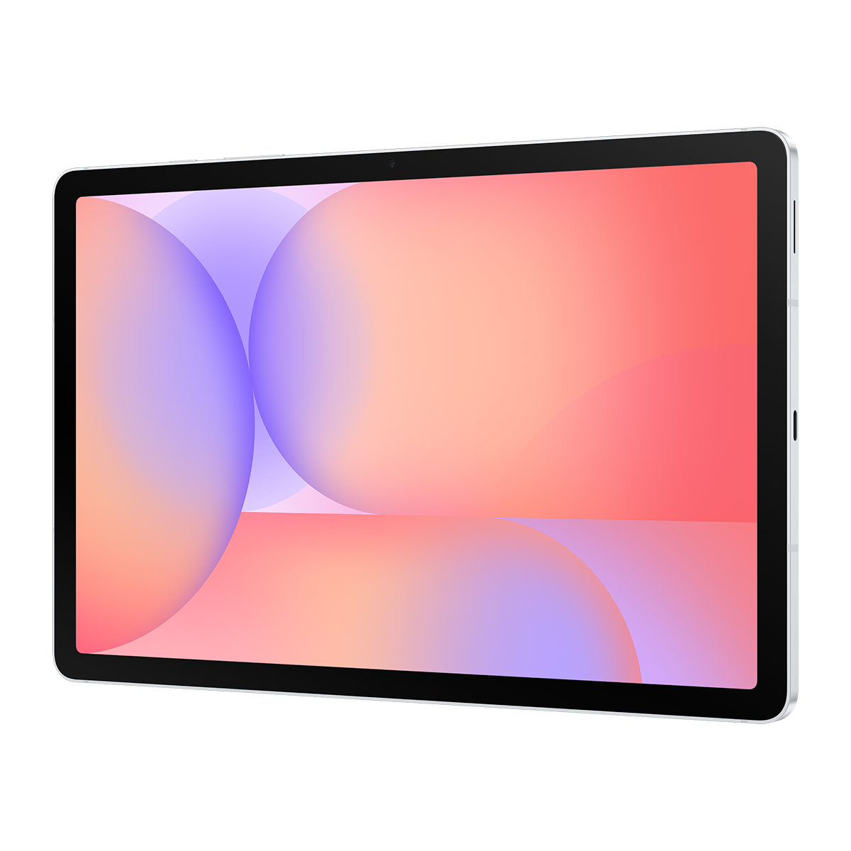 Beyaz zemin üzerinde bir tablet. Ekran, pembe, turuncu ve mor gradyan dairelerle soyut bir tasarım gösteriyor.