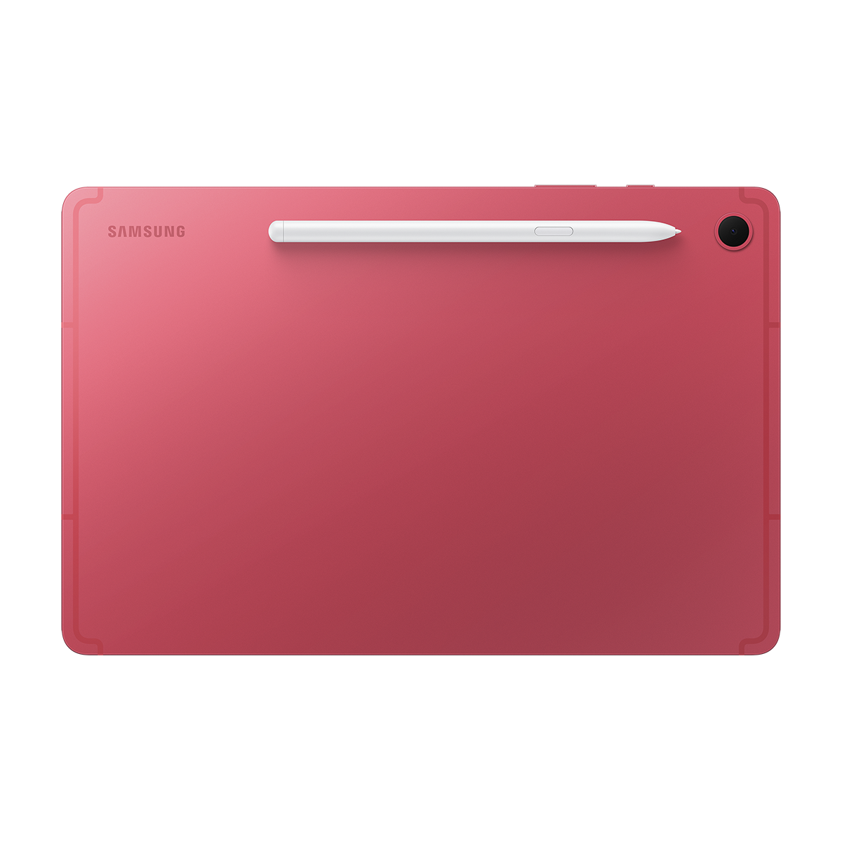 Beyaz bir kalemle kırmızı bir tablet. Samsung logosu görünür. Kamera sağ üstte.
