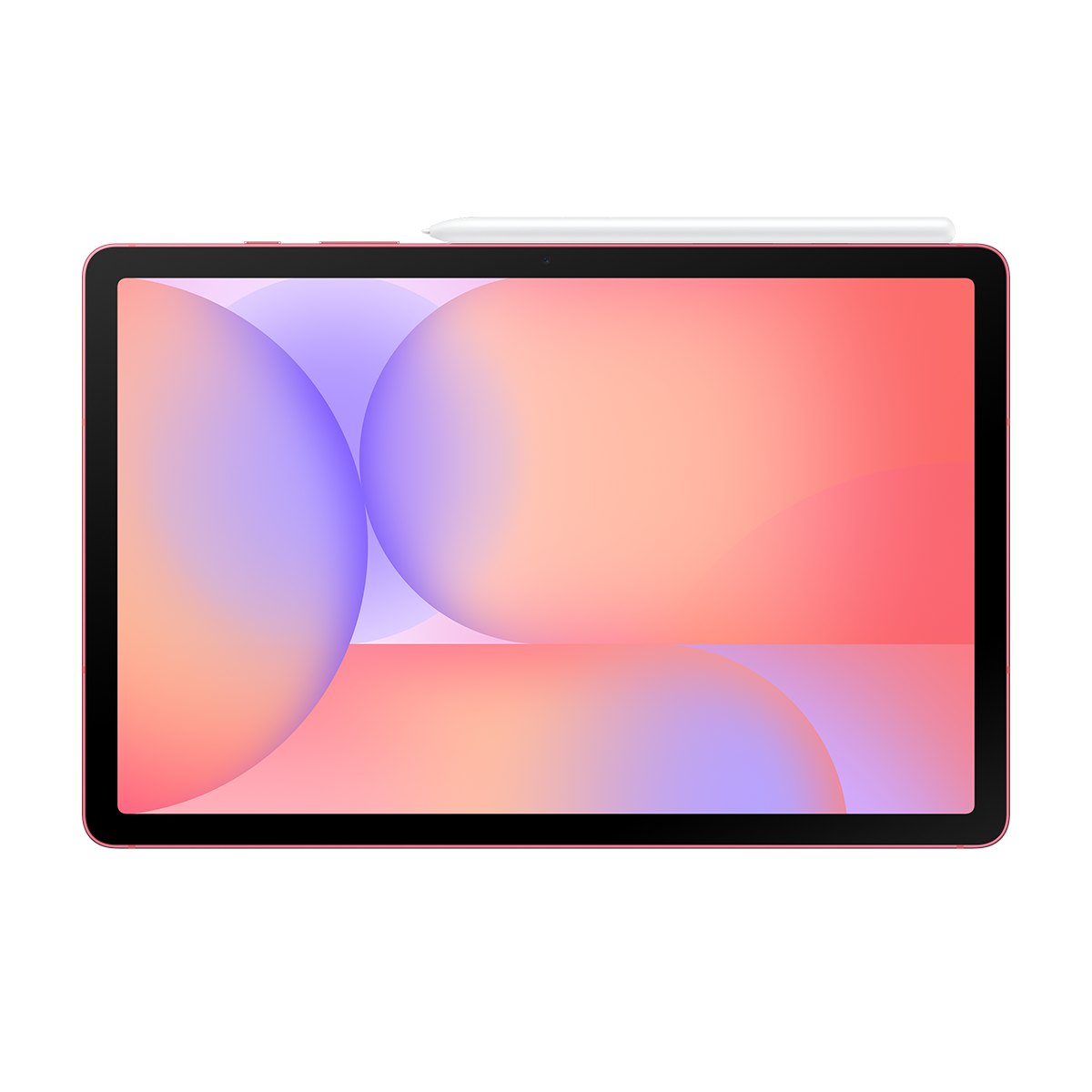 Pembe çerçeveli ve siyah çerçeveli bir tablet. Ekran, turuncu, pembe ve mor dairelerden oluşan bir degrade görüntülüyor. Üzerinde beyaz bir kalem duruyor.