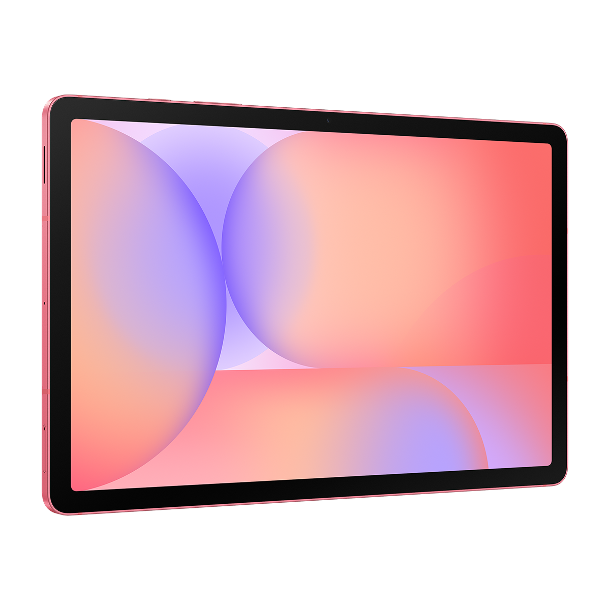Pembe bir tablet, turuncu, pembe ve mor renklerinden oluşan renkli bir geçiş görüntüler. Tabletin siyah çerçevesi ve kamerası var.