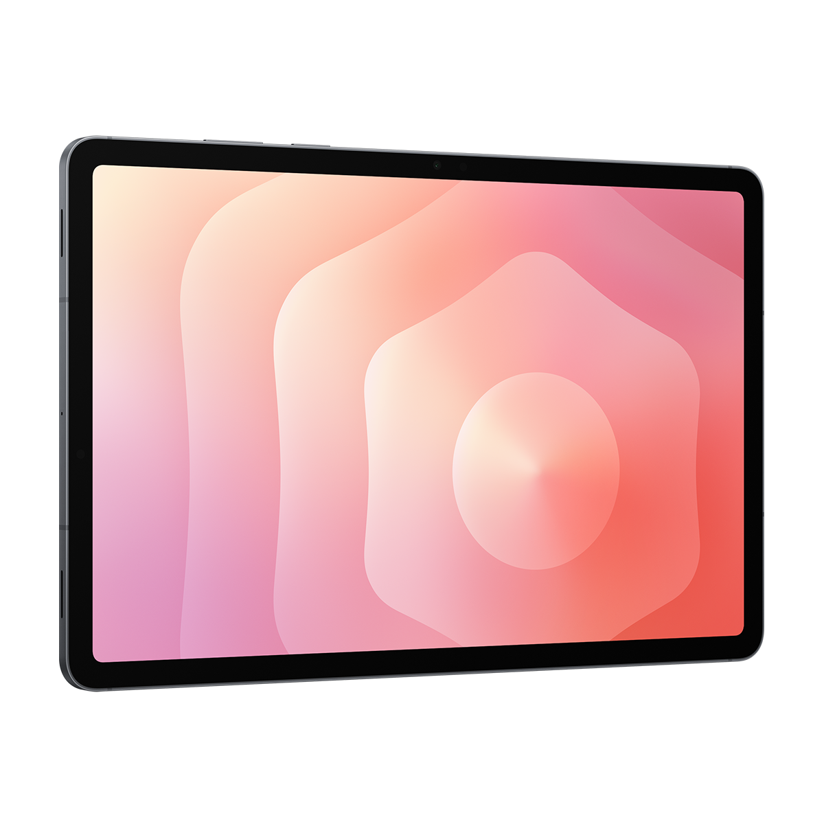 Siyah çerçeveli bir tablet, ekran pembe ve turuncu renklerin bir geçişini gösteriyor.