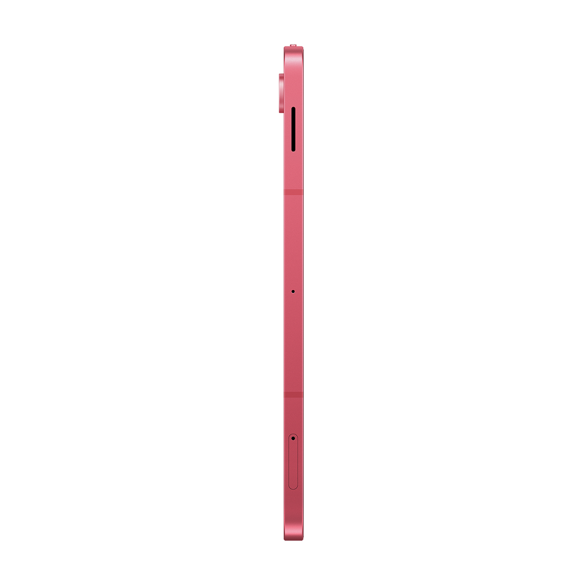 Pembe bir akıllı telefonun yan görünümü. Düğmelerin olduğu kenar, bir SIM kart yuvası ve bir mikrofon görünür. Arka plan beyazdır.