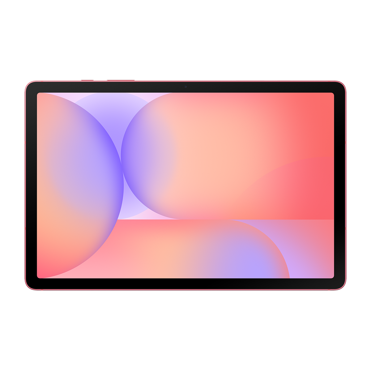 Pembe çerçeveli ve siyah ekranlı bir tablet. Ekran, turuncu, mor ve beyaz dairelerin bir gradyanını görüntüler.