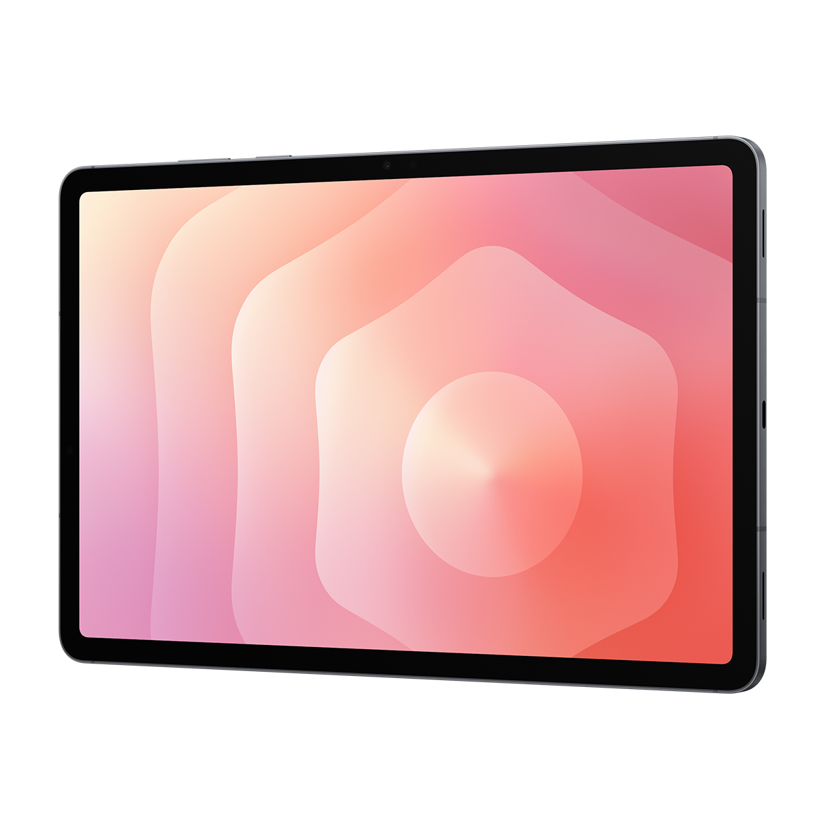 Pembe ve şeftali renklerinden oluşan bir gradyanı gösteren bir ekrana sahip bir tablet. Tabletin siyah bir çerçevesi vardır ve hafifçe açılıdır.