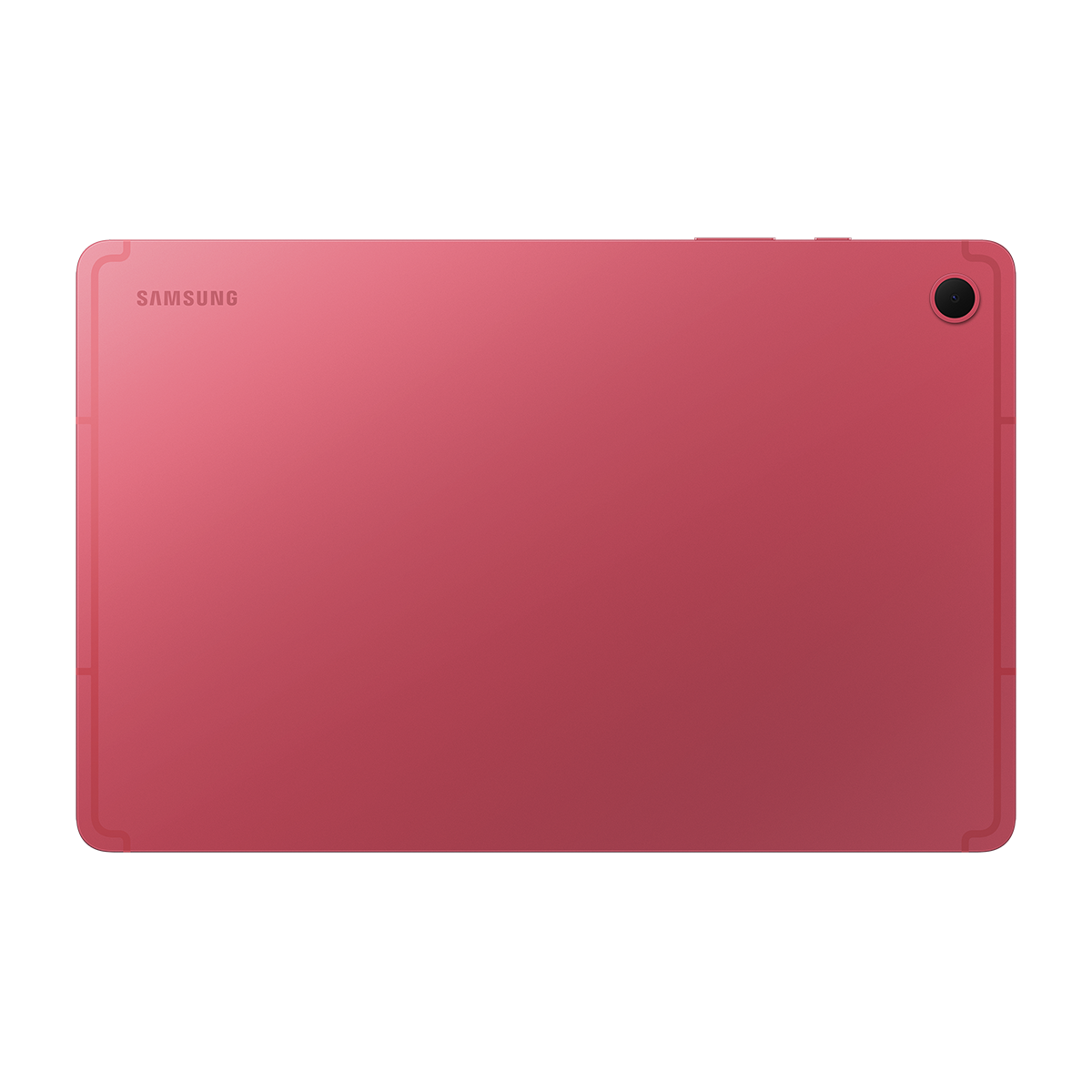 Kırmızı Samsung tabletin arkası. Kamera ve Samsung logosu var. Yuvarlak köşeler.
