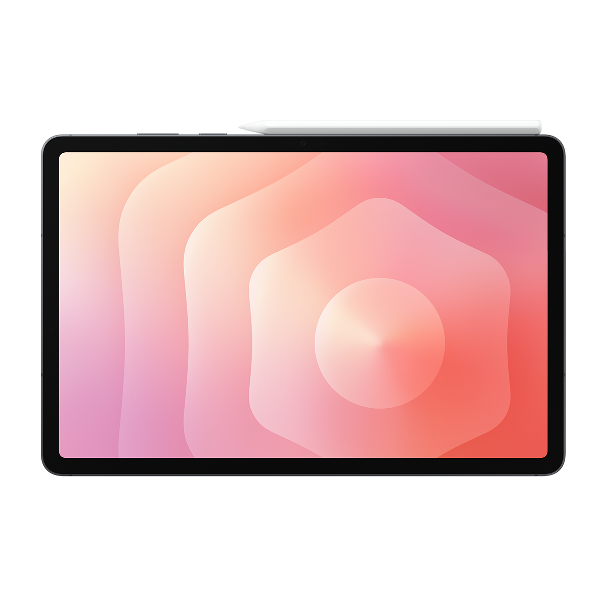 Pembe ve turuncu tonlarında gradyan arka plana sahip bir tablet. Beyaz bir kalem, tabletin üst kenarında duruyor.