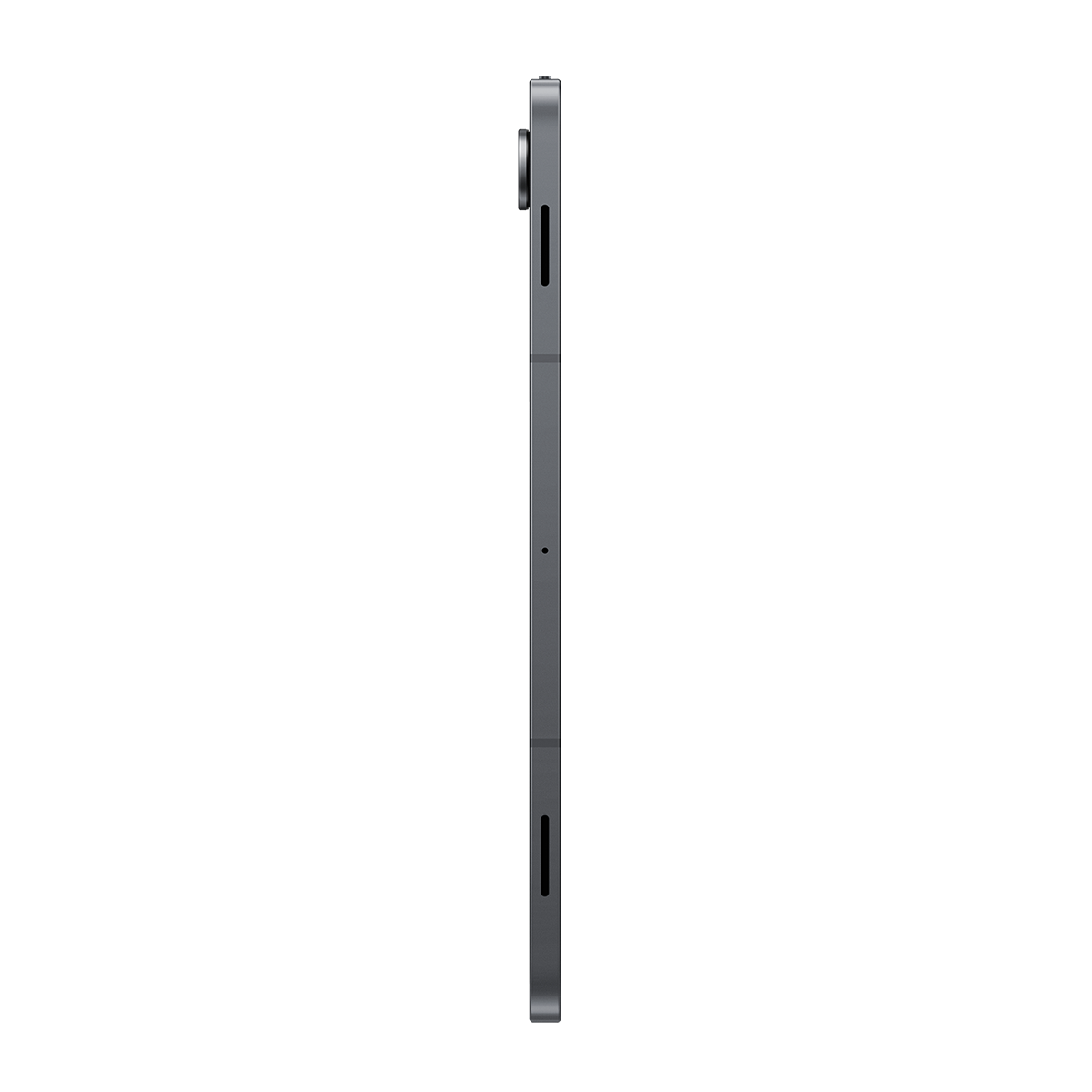 Beyaz bir arka plan üzerinde koyu gri bir tabletin yan görünümü. Tablet, bir kamera, düğmeler ve yan tarafta bir bağlantı noktası gösteriyor.