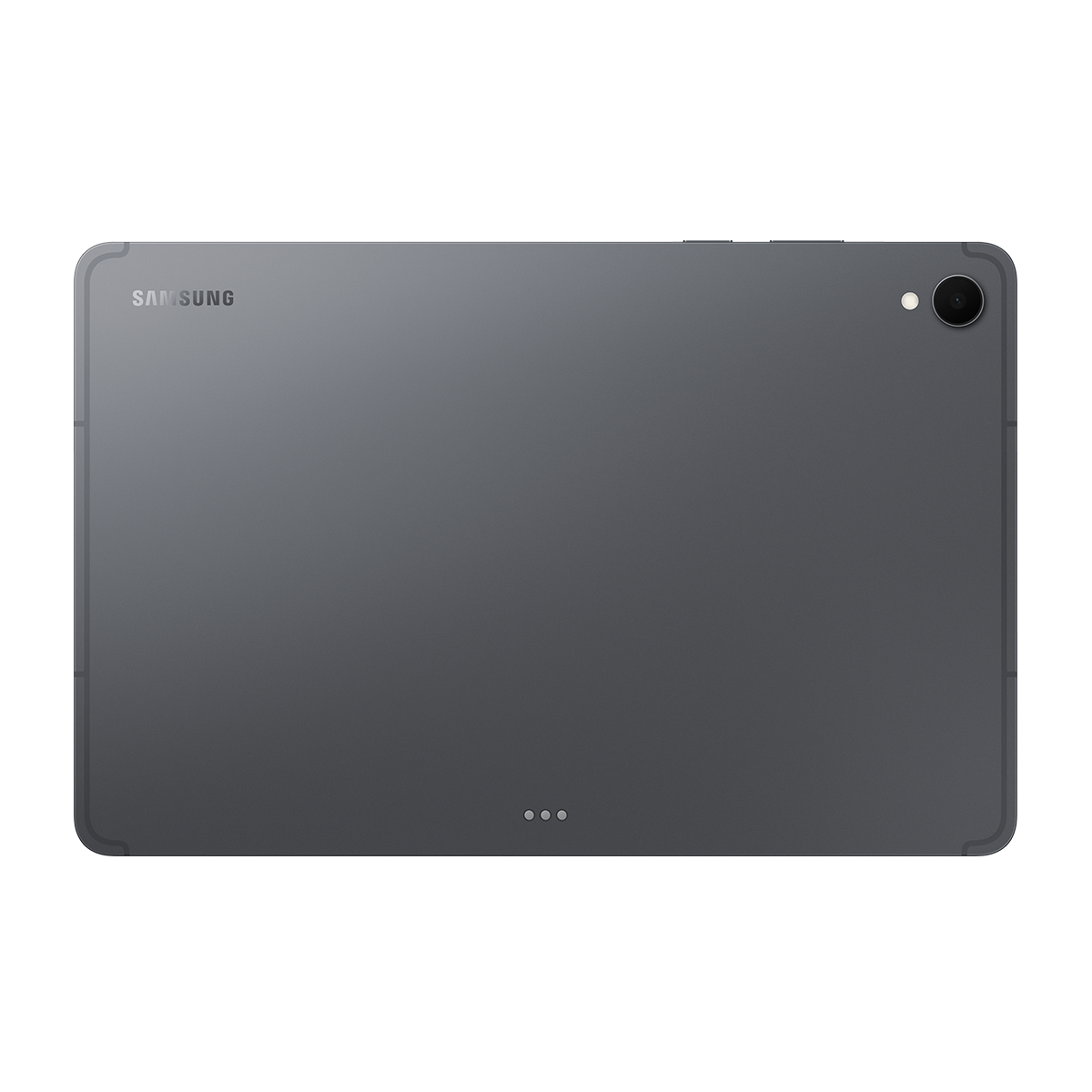 Gri Samsung tabletin arkası. Kamera, güç düğmesi ve altta üç küçük nokta bulunur. Samsung logosu görünür.