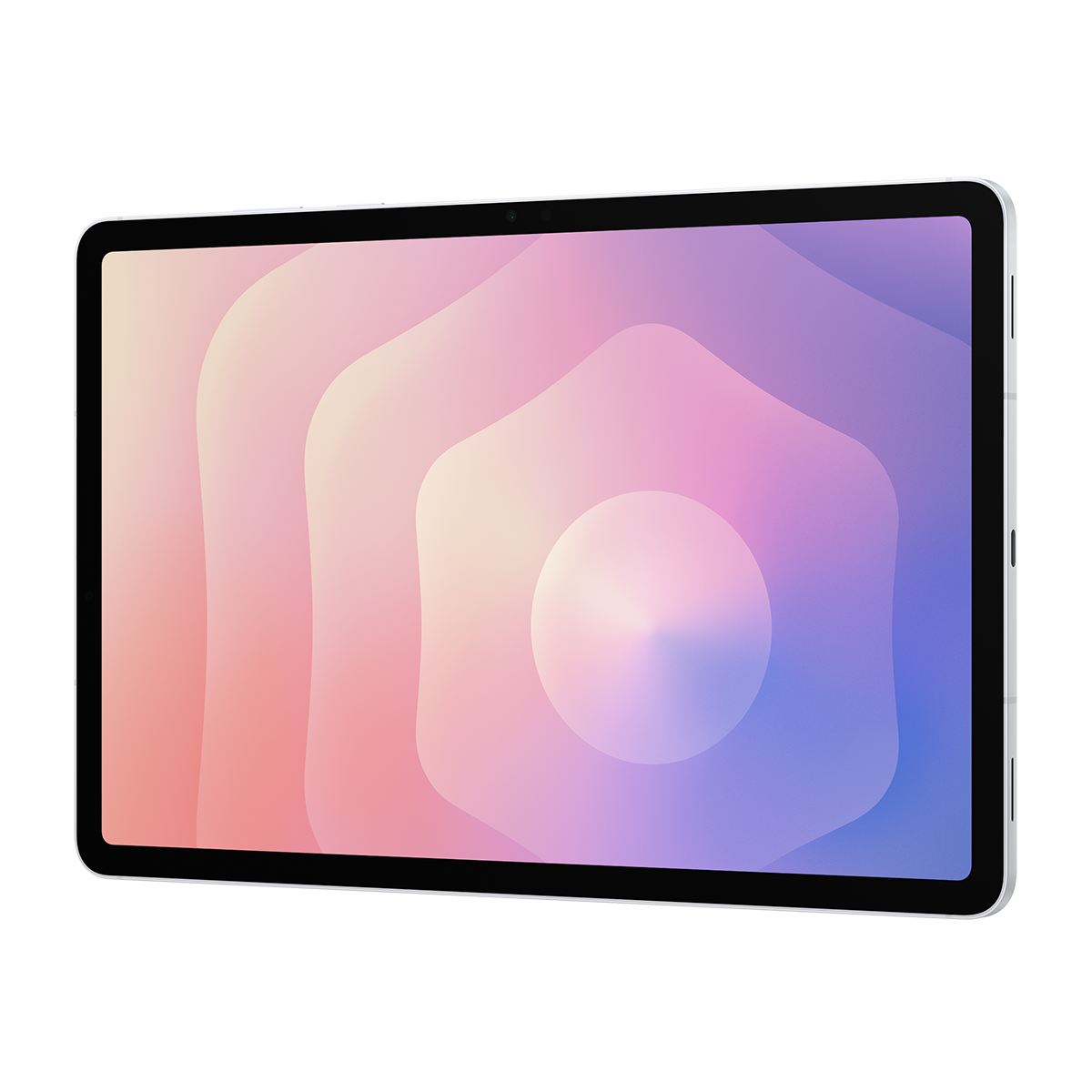 Siyah çerçeveli ve renkli gradyan ekranlı bir tablet. Ekran pembe, mor ve mavi tonları gösteriyor.