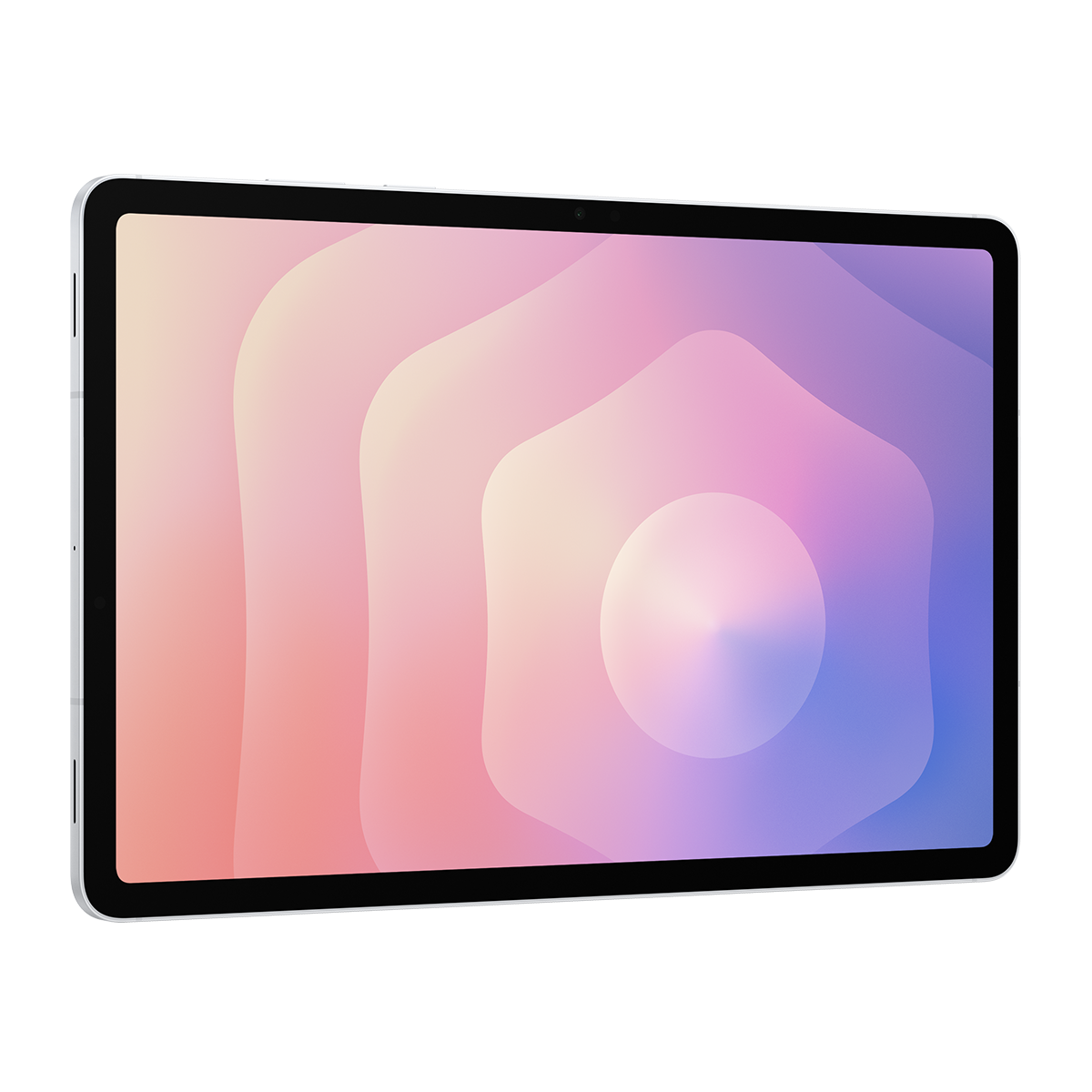 Pembe, mor ve beyaz renklerden oluşan degrade ekrana sahip bir tablet. Tabletin siyah çerçevesi ve gümüş bir çerçevesi var.