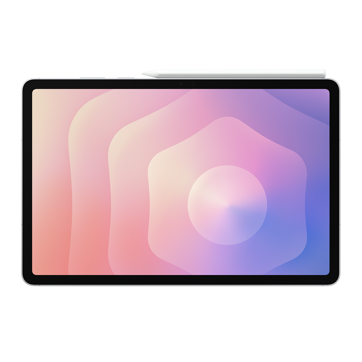 Renkli gradyan ekranlı bir tablet. Üstte beyaz bir kalem duruyor. Arka plan beyaz.