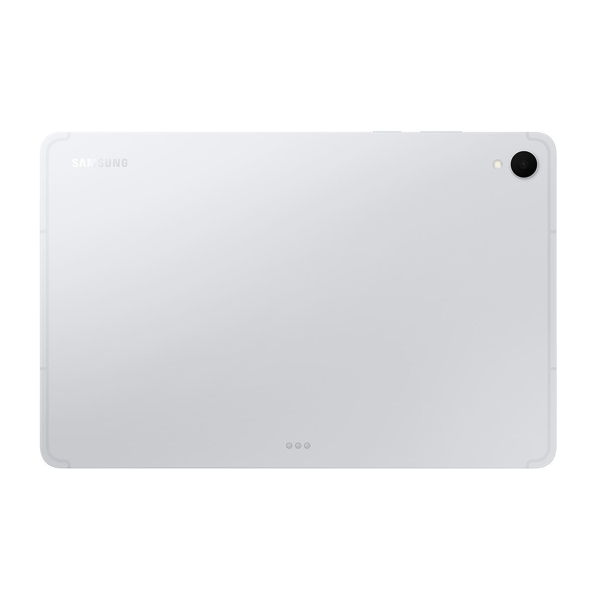 Beyaz bir Samsung tabletin arkası. Bir kamerası, Samsung logosu ve üç küçük noktası var. Yüzey pürüzsüz ve yansıtıcı görünüyor.