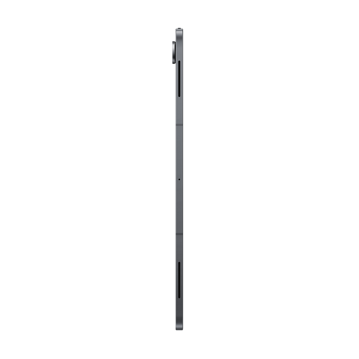 Karanlık gri bir tablet, beyaz bir arka plan üzerinde yandan gösteriliyor. Açma/kapama ve ses düğmeleri görülebilir.