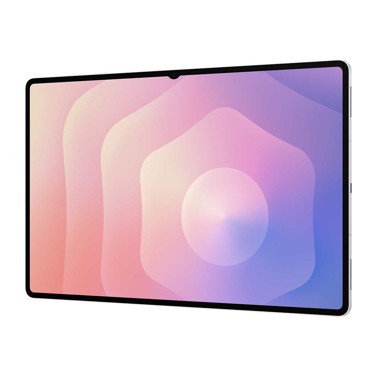 Siyah çerçeveli bir tablet, pembe, mor ve maviden oluşan renkli bir gradyan gösteriyor. Ekranın ön kamerası var.