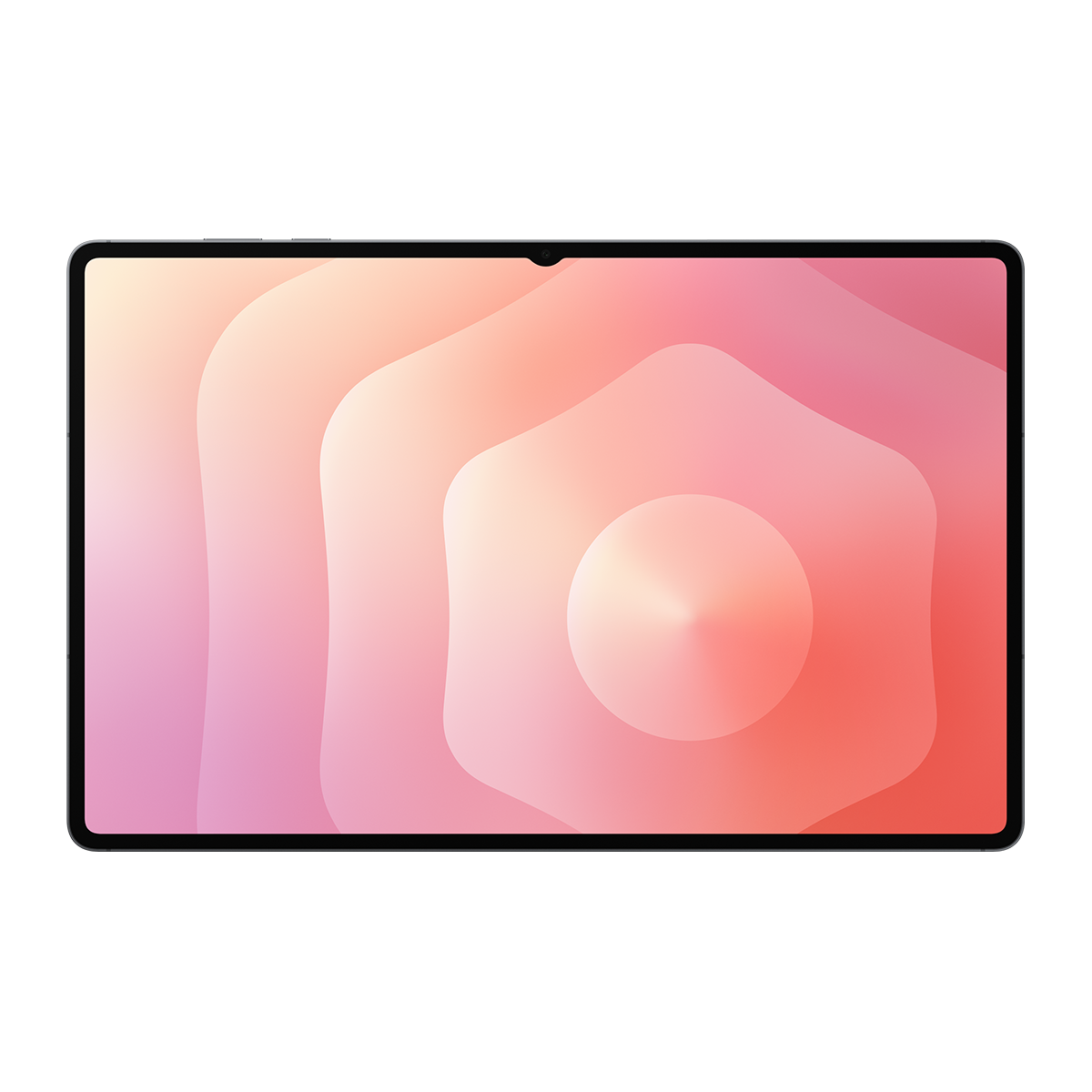 Siyah çerçeveli bir tablet, üst üste binen geometrik şekillerle pembe ve turuncu soyut bir tasarım sergiliyor.