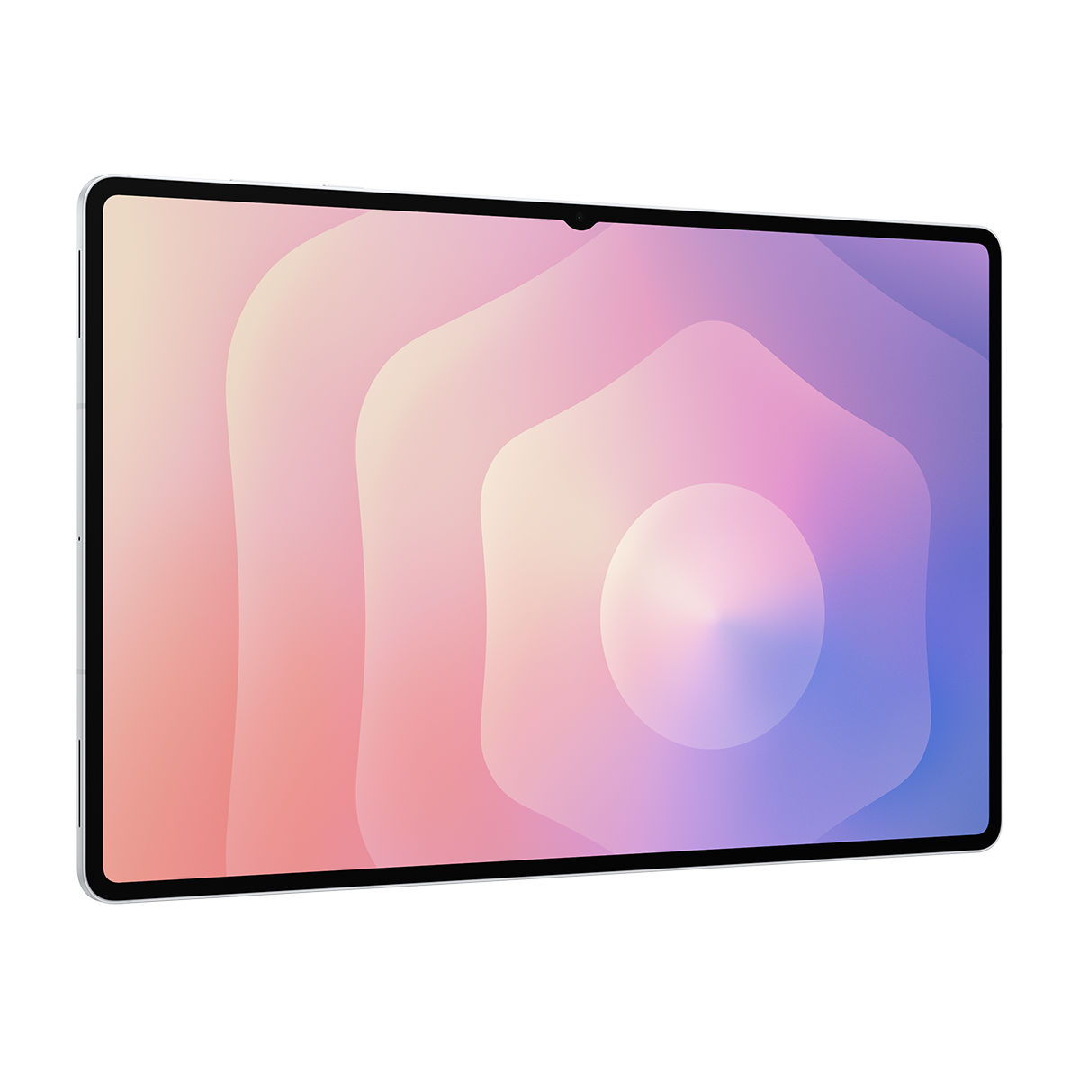 Gradient ekrana sahip tablet. Renkler pembe, turuncu, mor ve beyazdır. Siyah çerçeve ve üstte kamera.