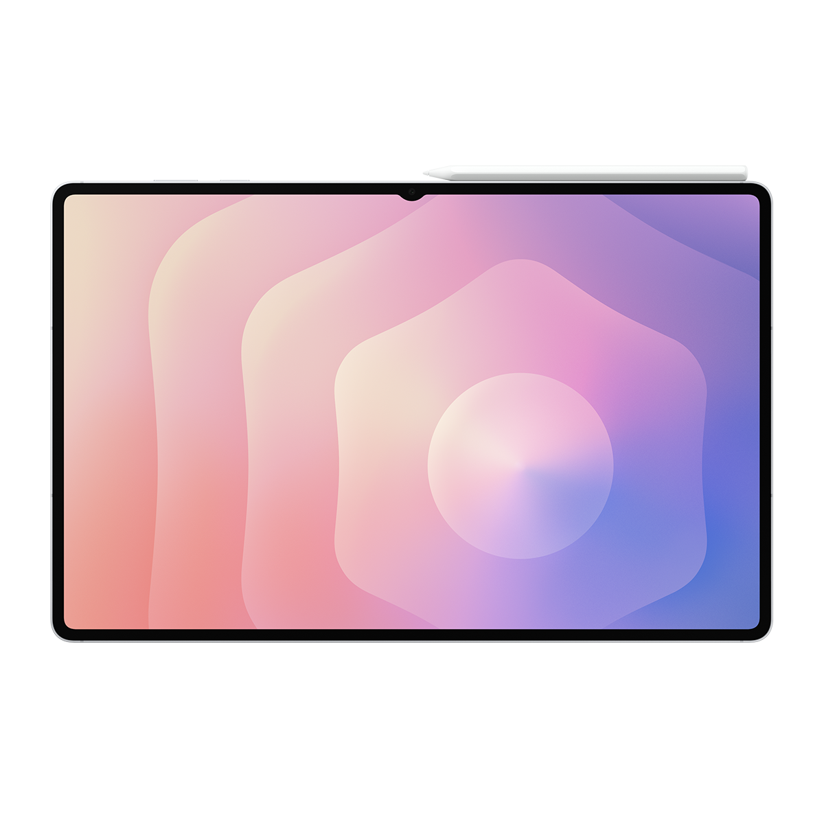 Siyah çerçeveli bir tablet, pembe, mor ve beyaz renklerden oluşan renkli bir degrade arka plan görüntüler. Üstte bir kalem bulunuyor.
