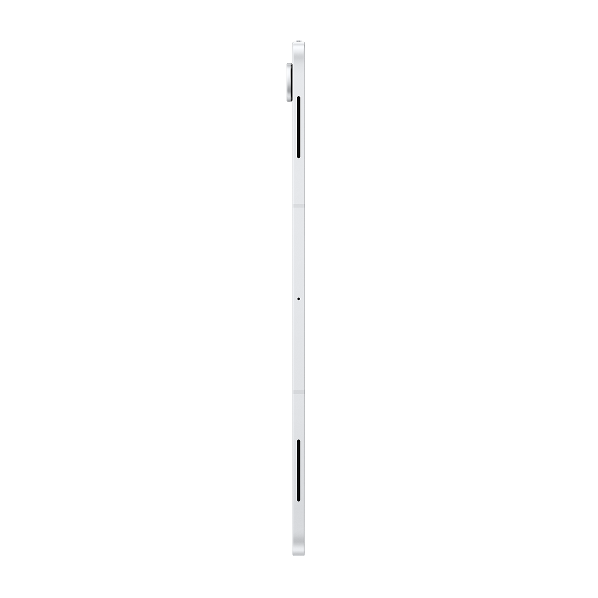 Gümüş bir tabletin yan görünümü. Tablet, yan tarafında siyah bir şerit ve küçük bir nokta ile ince bir tasarıma sahip.