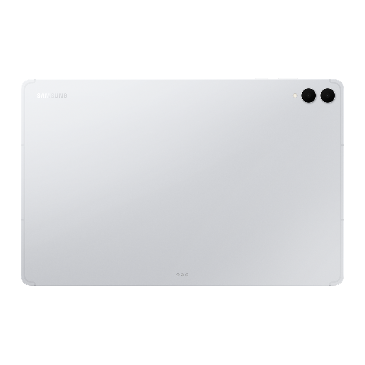 Beyaz bir Samsung tabletin arka görünümü. İki lensli bir kamera modülü, küçük bir LED dizisi ve Samsung logosu bulunuyor.