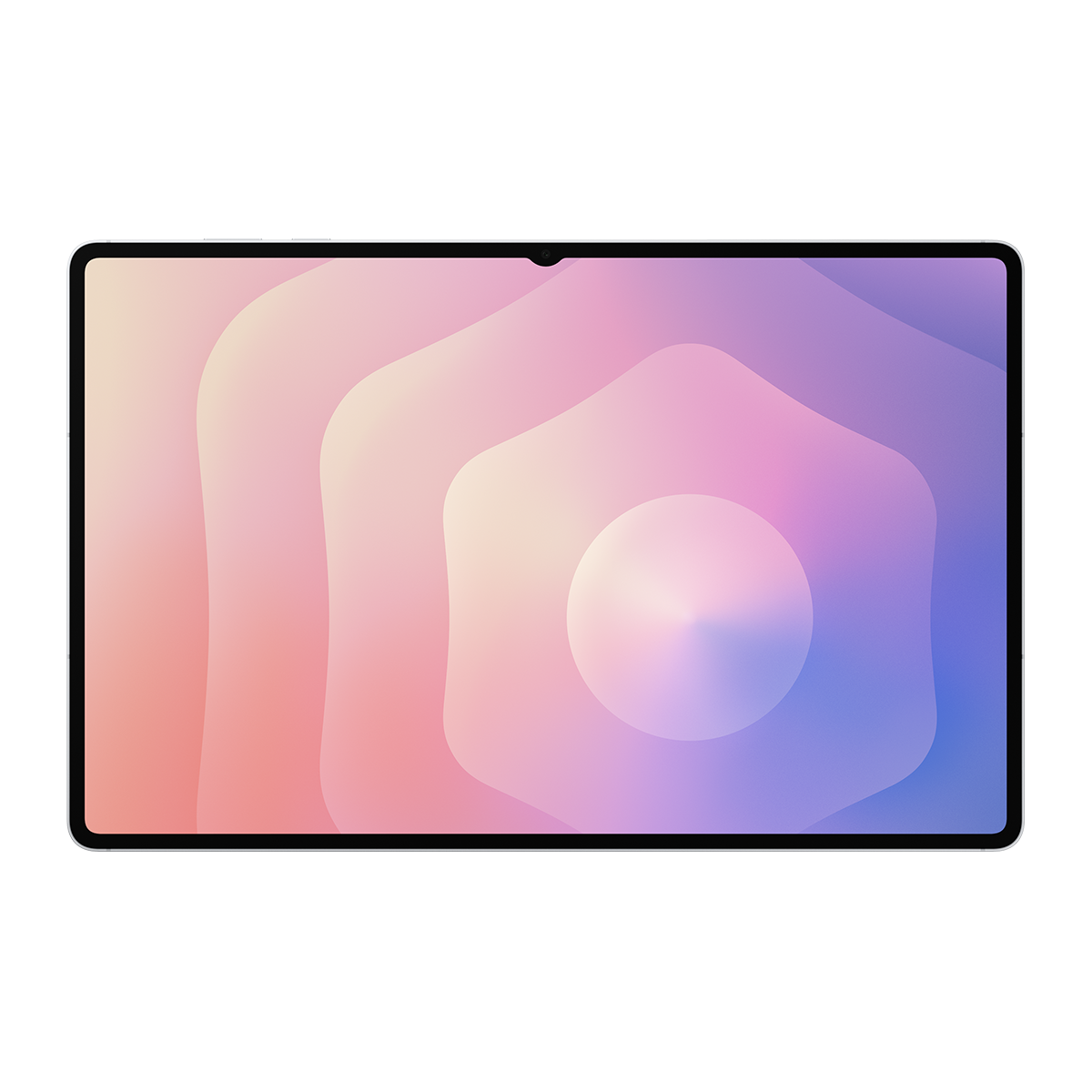 Siyah çerçeveli bir tablet, beyaz bir zemin üzerinde pembe, mor ve beyaz geometrik şekillerin renkli bir geçişini görüntüler.