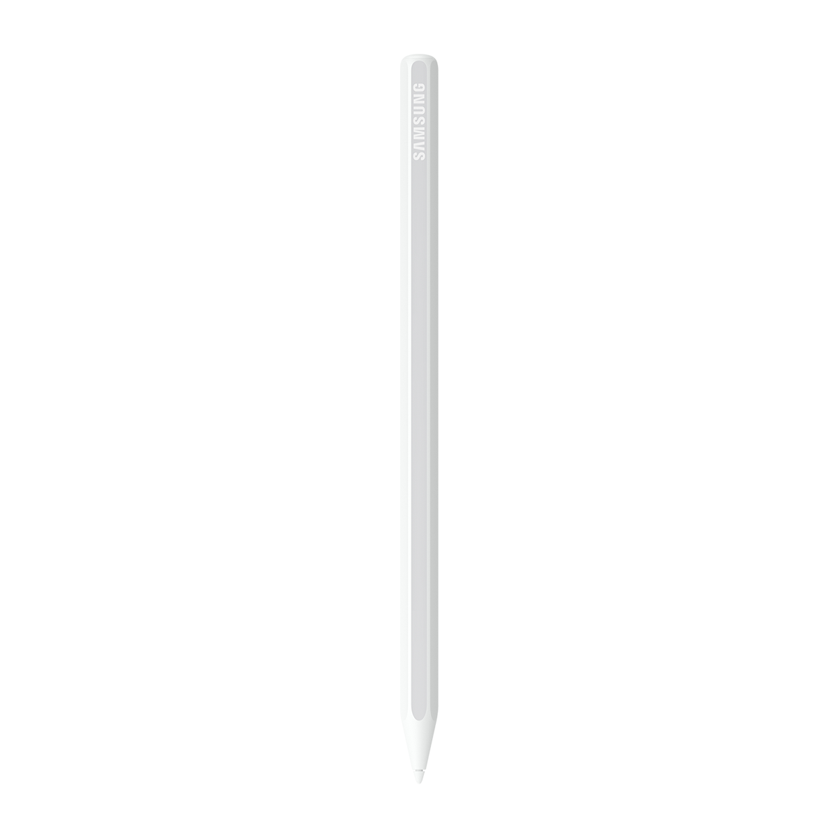 Beyaz bir Samsung kalem dikey olarak ortalanmıştır. Kalemin gövdesi beyaz, açık gri bir bantlıdır. Üstte SAMSUNG yazısı basılıdır.