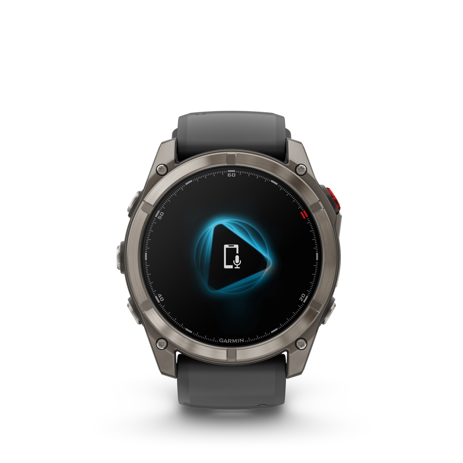 Une montre intelligente Garmin avec un bracelet gris. Le cadran affiche une icône de microphone et une onde sonore bleue sur fond noir.