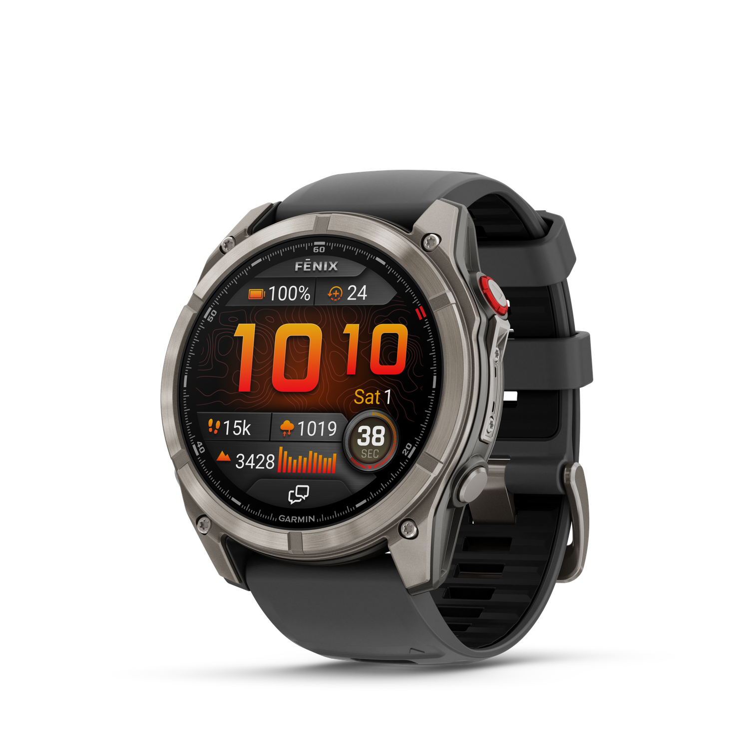 Une montre connectée argent et noire avec un affichage numérique indiquant l'heure, la date et diverses mesures sur fond noir.