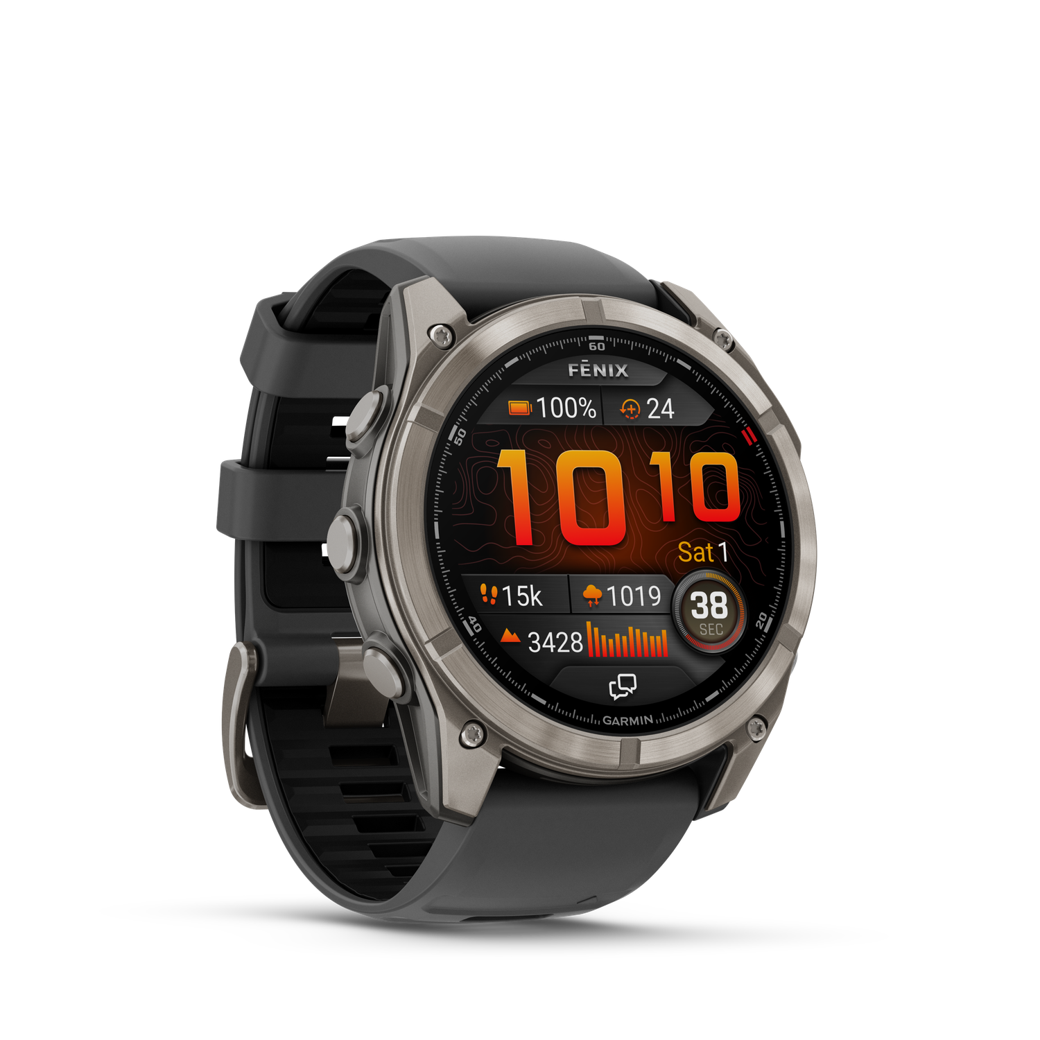 Une smartwatch Garmin Fenix avec bracelet noir, lunette argentée et affichage numérique des statistiques, sur fond noir.
