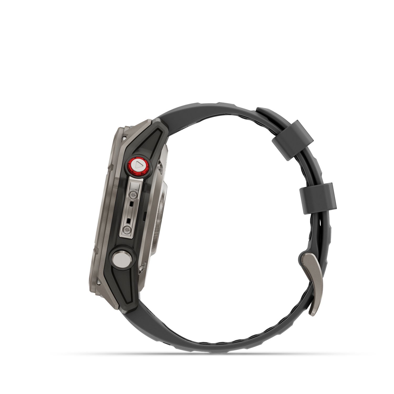 Vue latérale d'une smartwatch moderne. Elle a un cadre en métal gris, un bracelet noir et un bouton rouge. Le fond est noir.