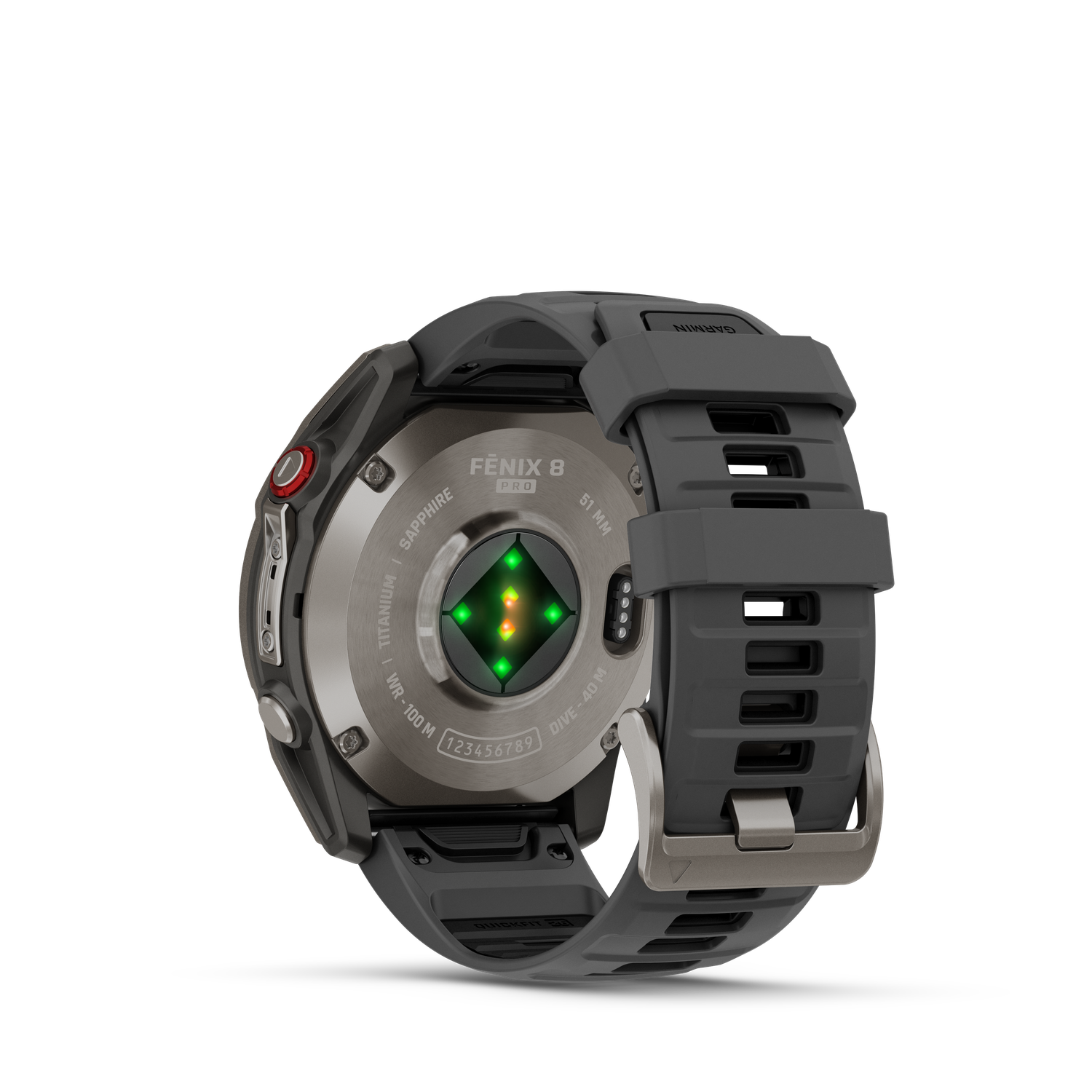 Une montre Garmin Fenix 8 Pro gris foncé, montrant le dos. Elle a un bracelet gris et une boucle argentée. Le dos a des capteurs.