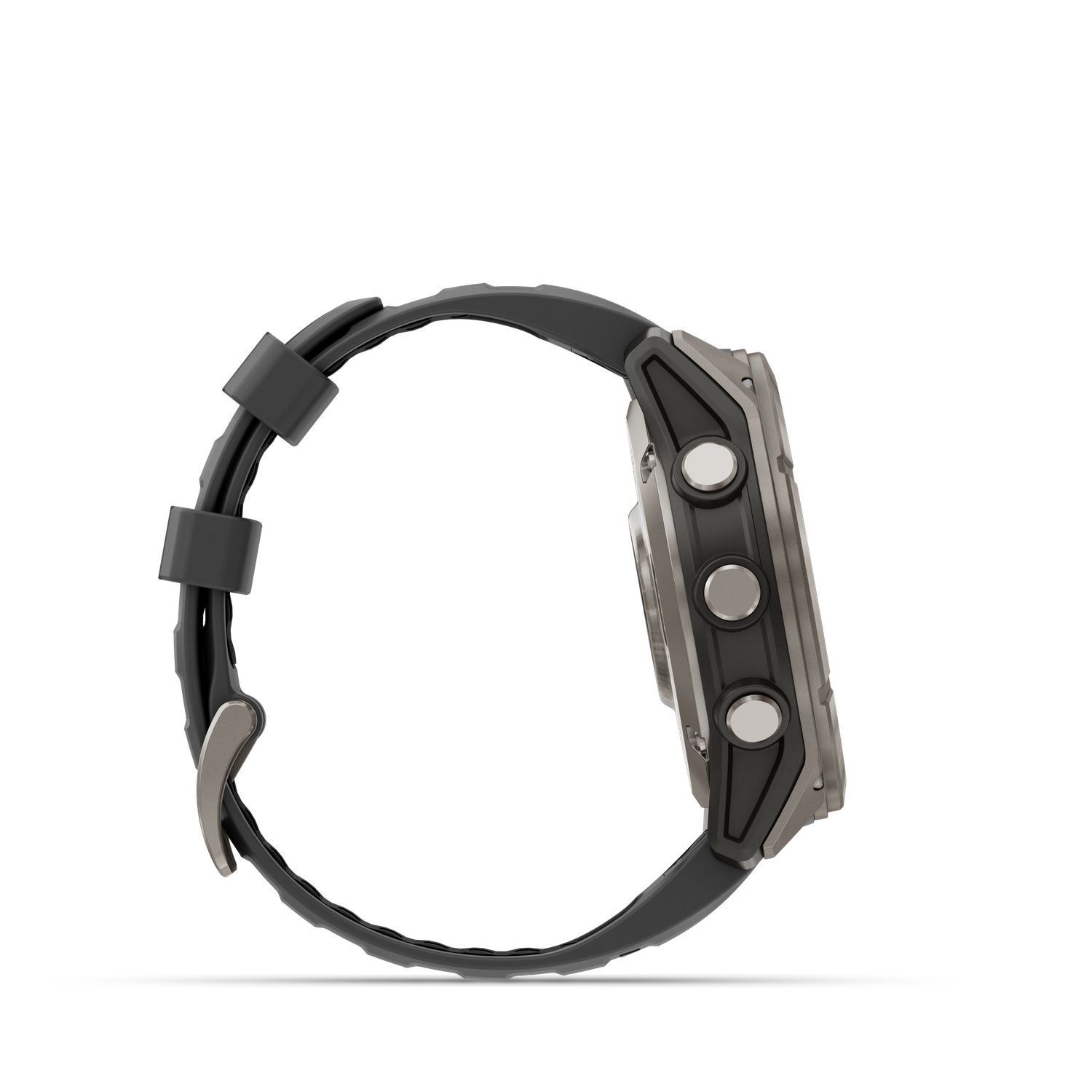 Vue latérale d'une montre connectée noire avec une lunette gris foncé et deux boutons argentés. Le bracelet est noir.