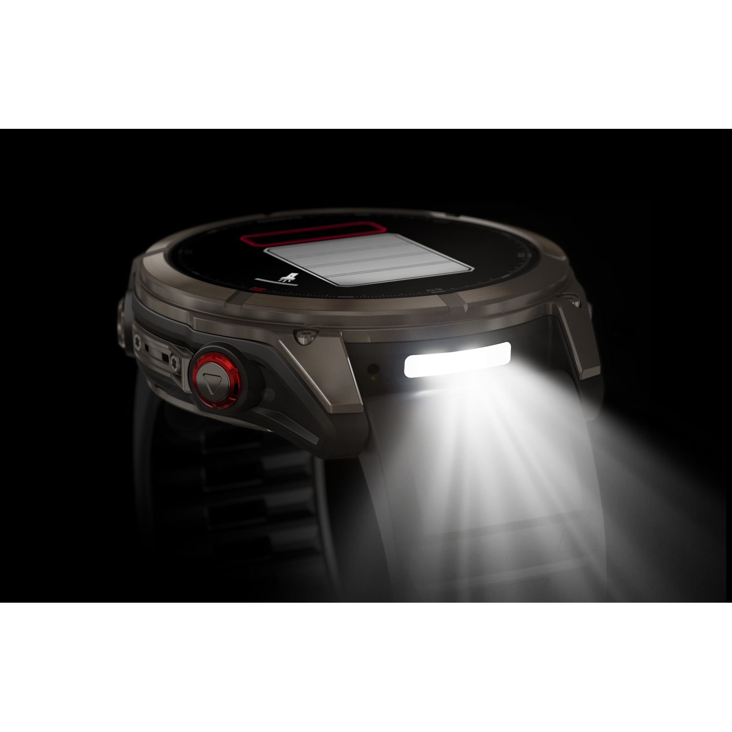 Gros plan d'une smartwatch avec une lampe de poche. La montre est gris foncé avec un bouton rouge. La lumière brille vivement.