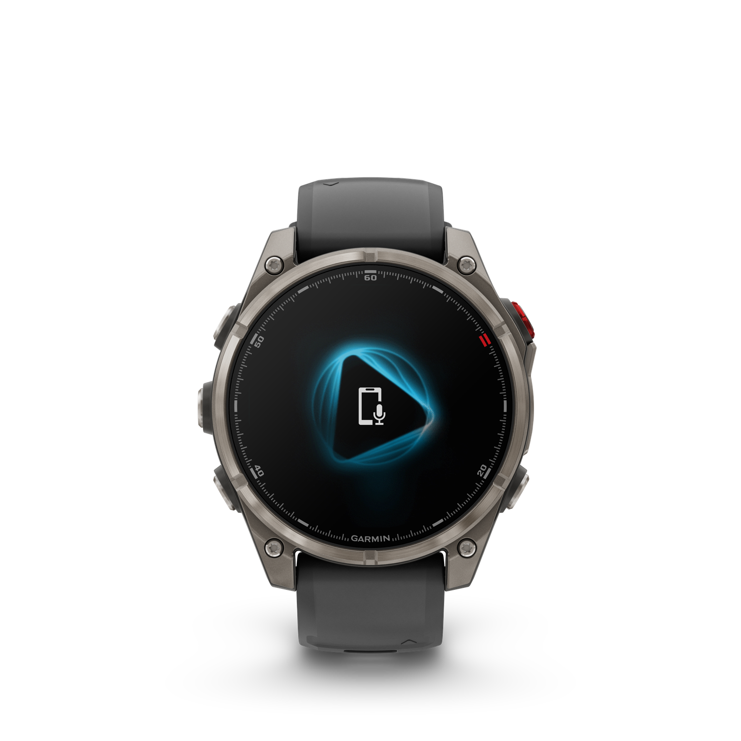 Een Garmin smartwatch toont een microfoonpictogram op een blauwe achtergrond. Het horloge is grijs met een zwarte band, op een zwarte achtergrond.