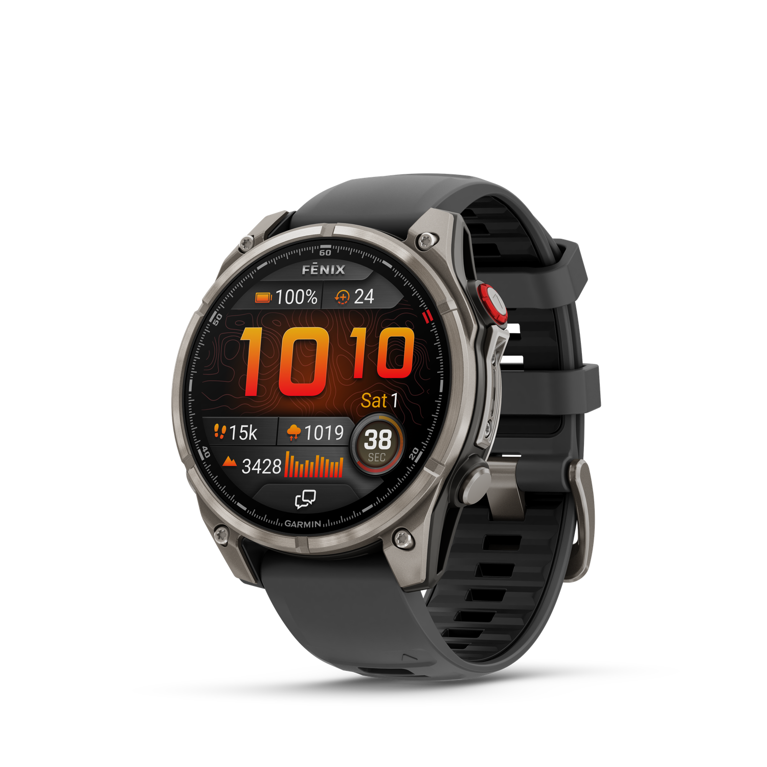 Een Garmin Fenix smartwatch die gegevens weergeeft. Het horloge is zwart en zilver met een zwarte band. Het scherm toont cijfers en grafieken.